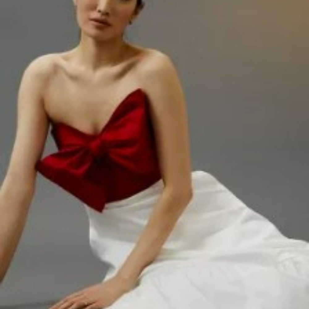 Anthropologie Strapless Dress with Red Bow and White Skirt